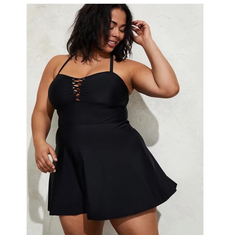 Wireless Long Length Lattice Front Swim Dress No Bottoms